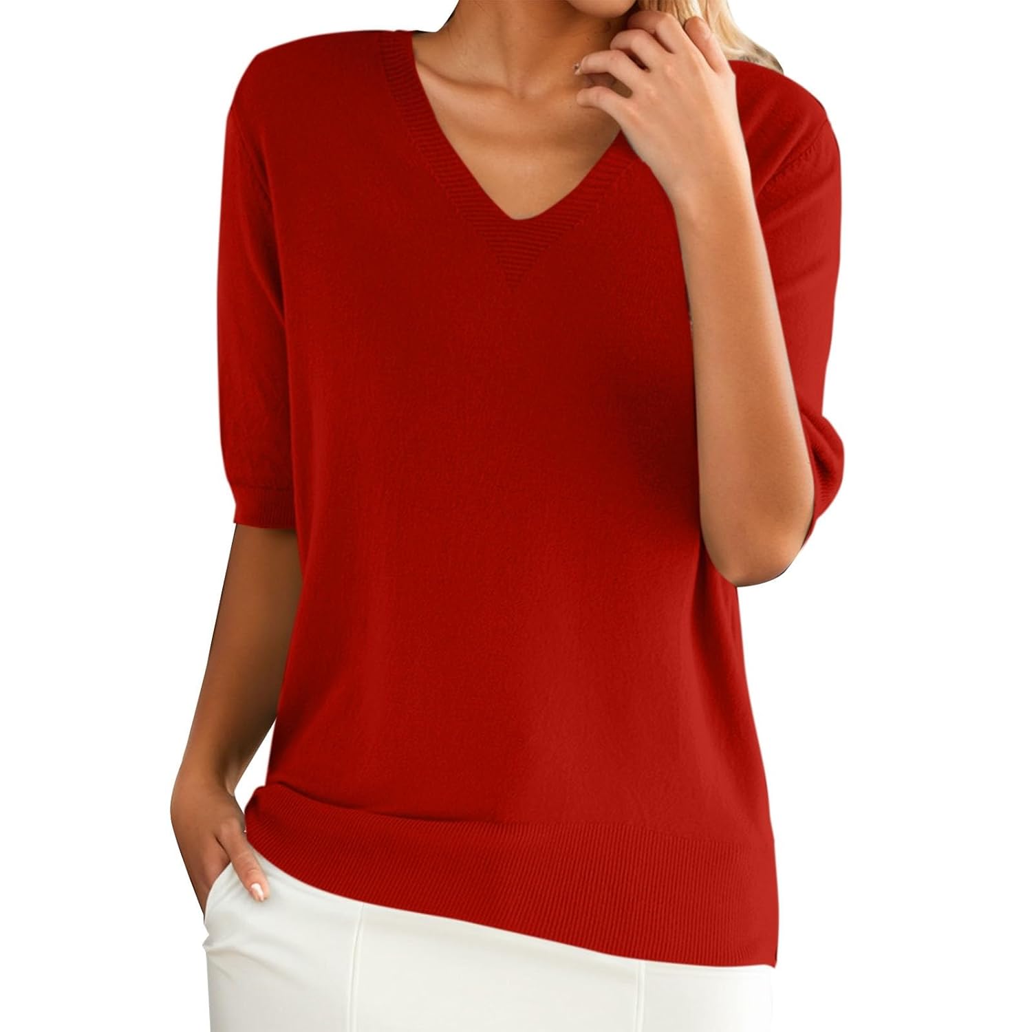 Cashmere Sweaters for Women Cozy V Neck Half Sleeve Knit Pullover Tops Lightweight Wool Blend Soft Jumper Sweater