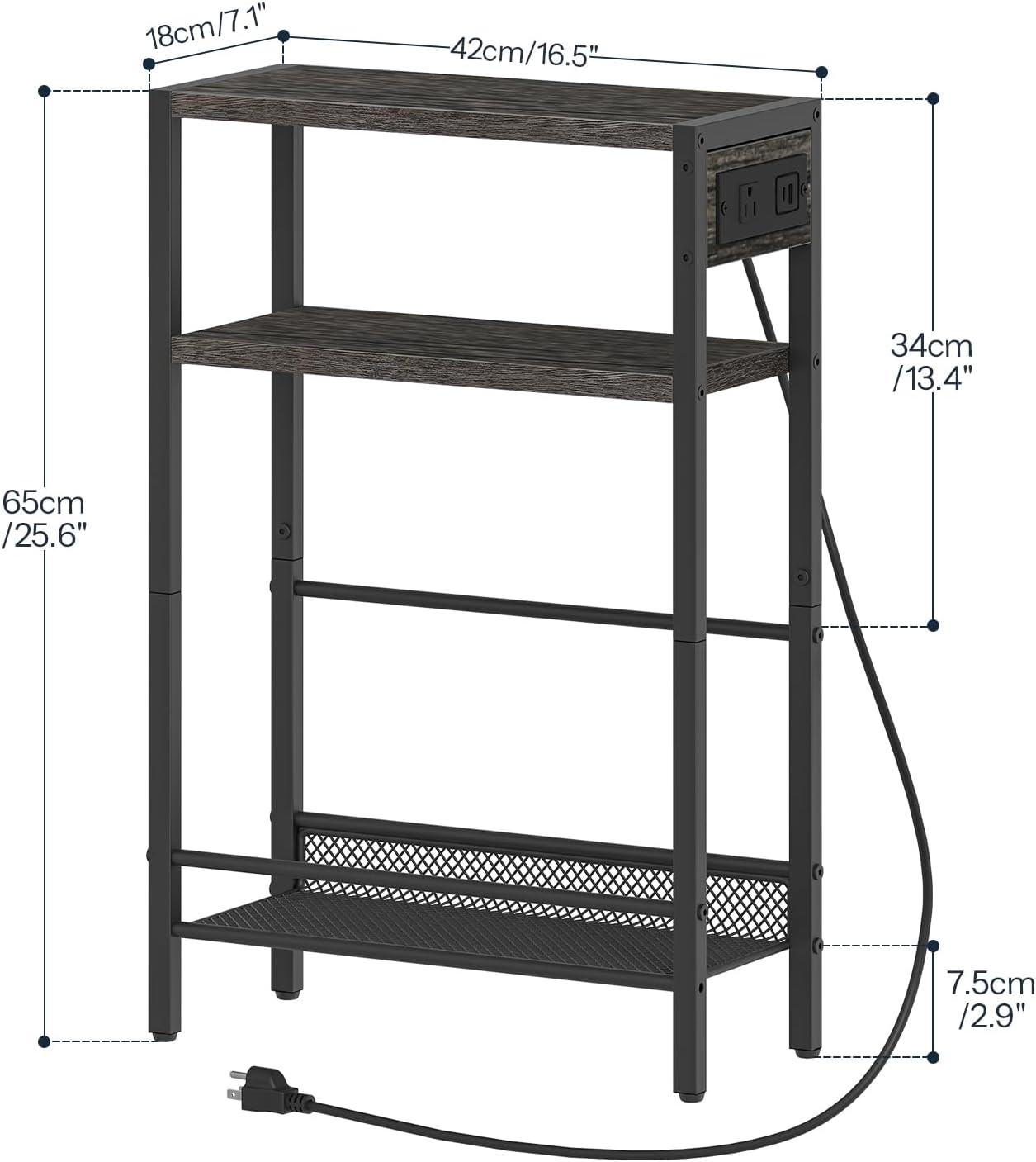 HOOBRO Small Narrow Side Table with Charging Station, Skinny End Table for Small Spaces, Slim Nightstand with USB Ports Outlet, Sofa Beside Table with Storage Shelf, Charcoal Black BC102UBZ01