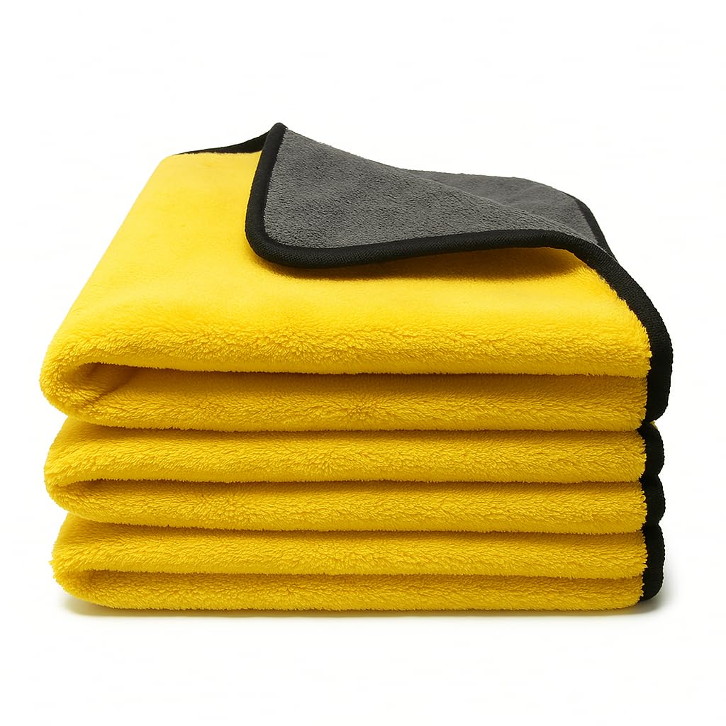 Kemes Yellow Microfibre Cloths, Car Drying Cloth, Pack Of 3, 500 Gsm, 4-Way Absorbent Polishing Cloth, Car Wash, Car Care And Household Microfibre Cloth For Polishing, 30 X 30 Cm