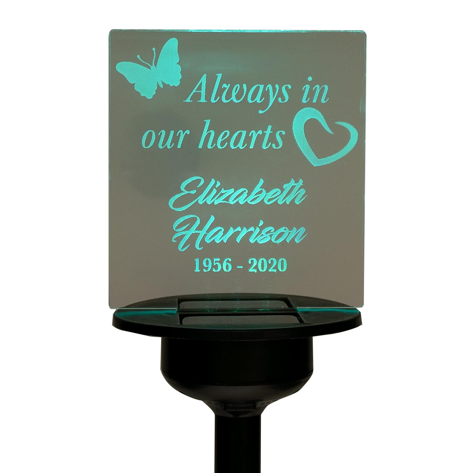 Solar powered Multi colour LED memorial sign. Outdoor waterproof 'Always in our hearts' custom light up remembrance garden name plaque