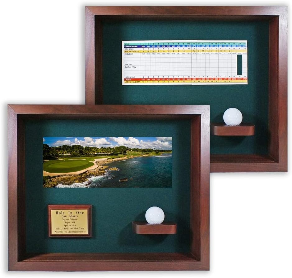 Hole in One Shadowbox and Golf Ball Display Case | Personalized Engraved Plate | Holds Golf Ball and Scorecard or Photo |4 Color Finishes | Wall Mounted (Vertical, Black/Gray)