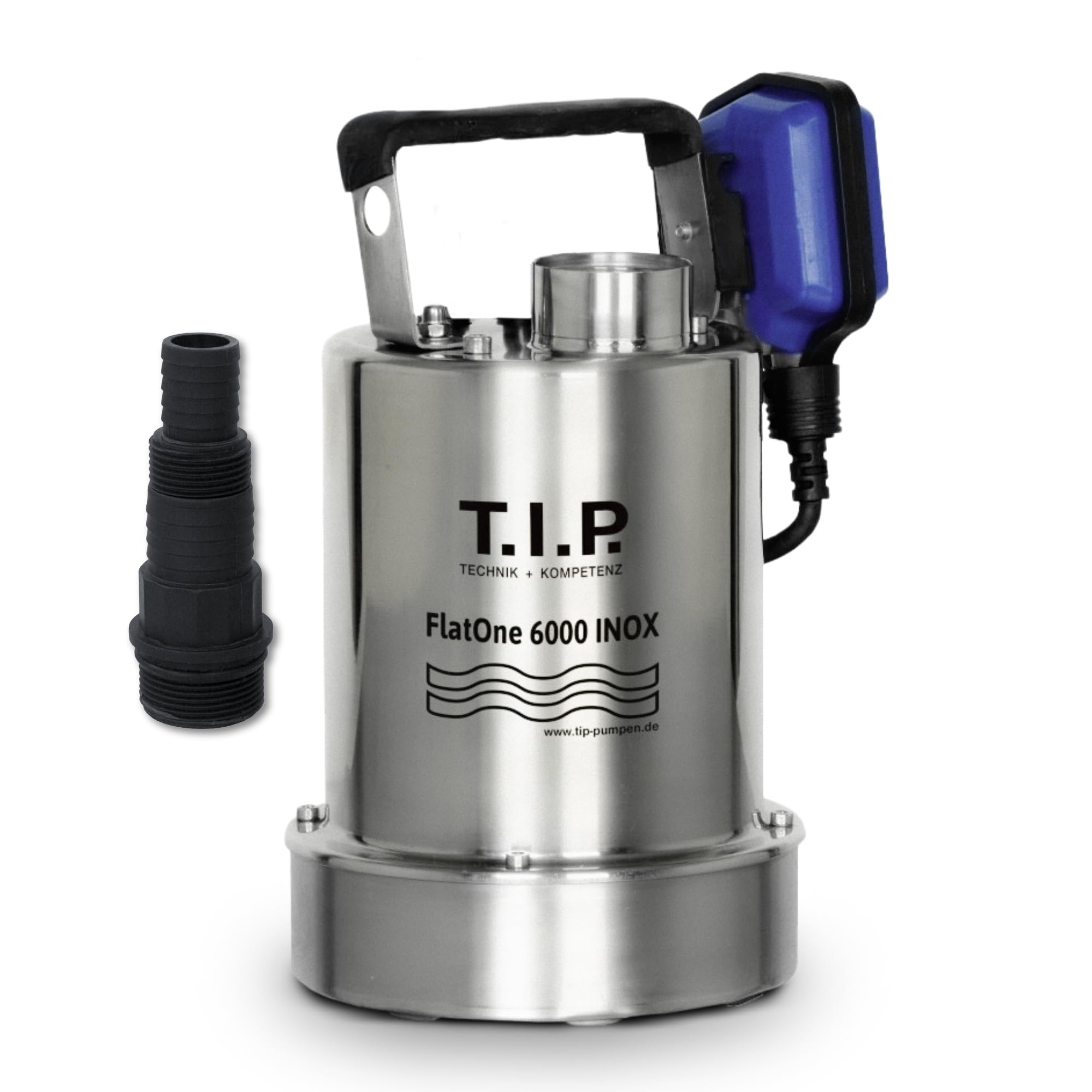 T.I.P. 30440 Bomba de desagüe y desagüe de piscinas FlatOne 6000 INOX, aspiración plana de hasta 1 mm, caudal de hasta 6.000 l/h, 22,5 x 16,5 x 27 cm