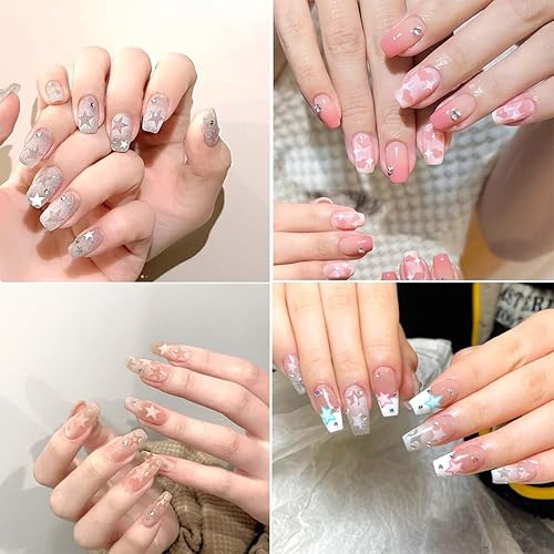 Miniatura 5 de 6 hojas de calcomanías de uñas translúcidas con forma de corazón de estrella, suministros de arte de uñas autoadhesivas 3D, calcomanías de uñas