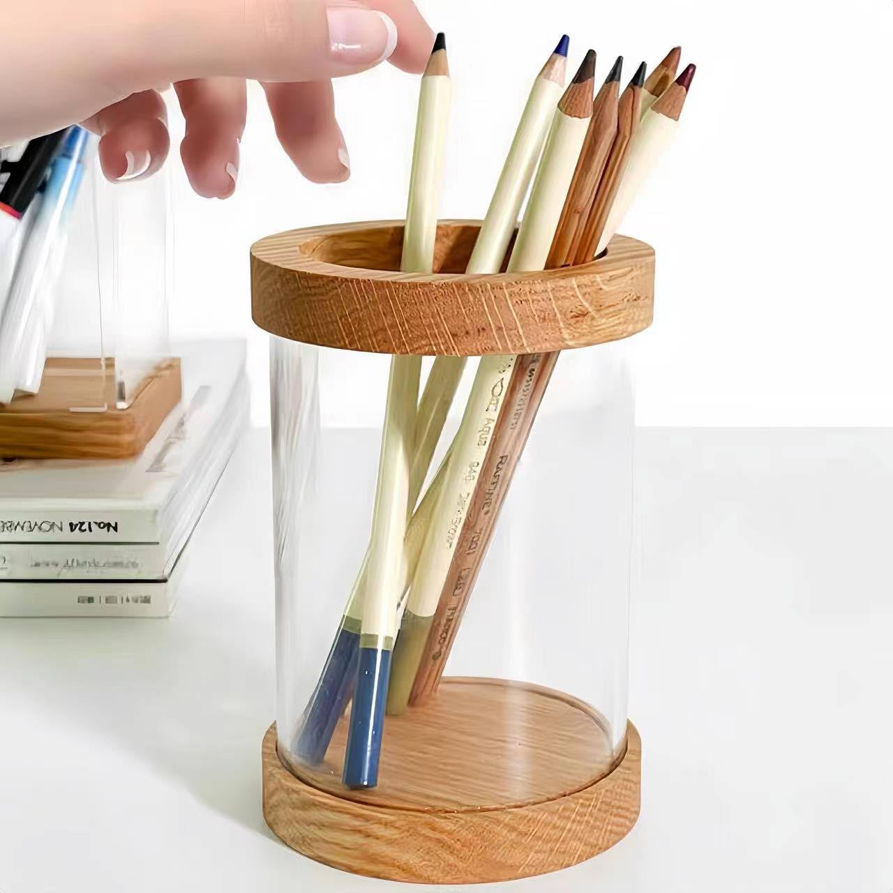 Portalápices estético Transparente para Escritorio, Organizador de Pinceles de Maquillaje de Madera acrílica, Suministros de Oficina, decoración de cubículos