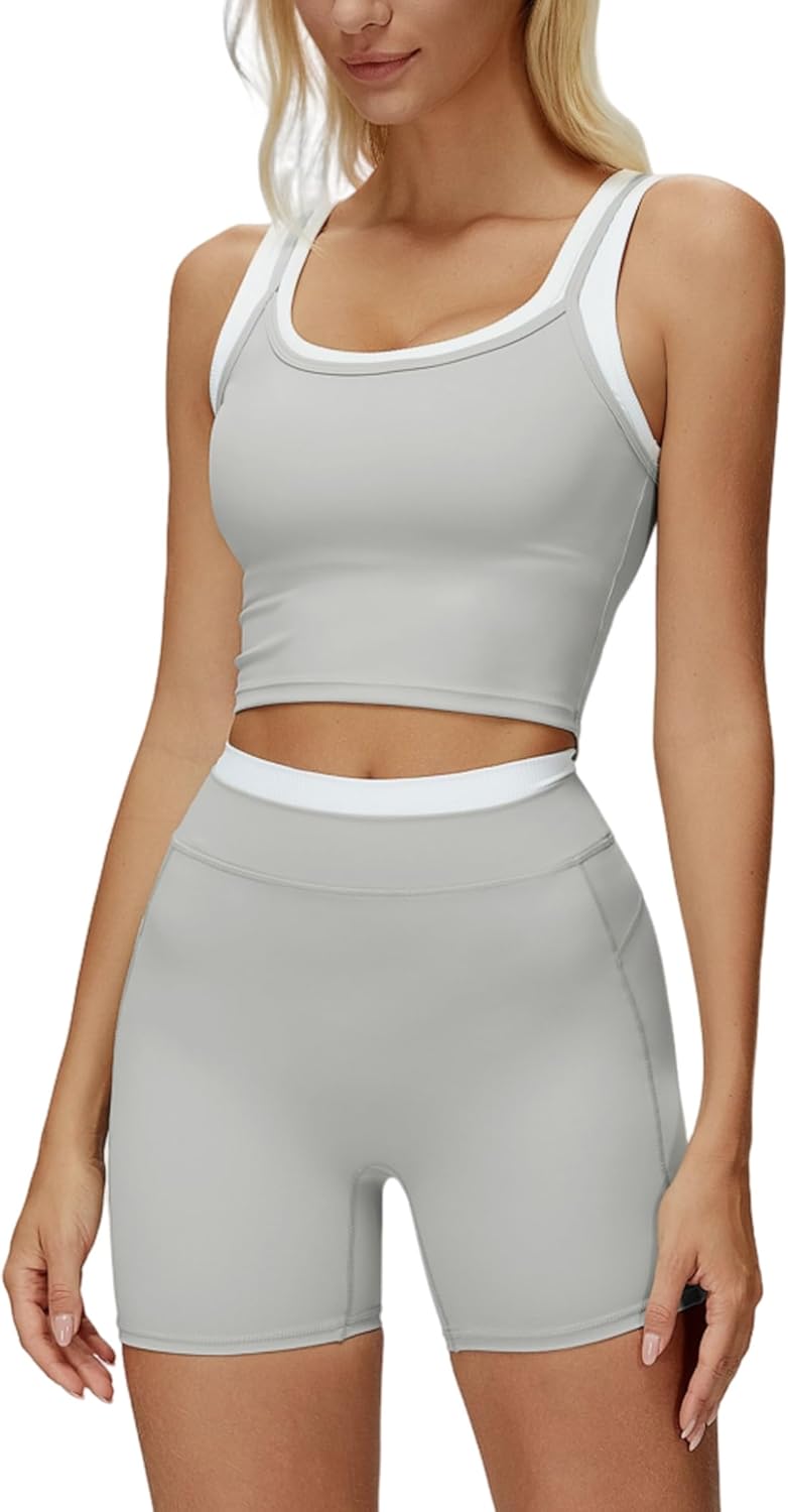 Women Two Piece Workout Sets Color Block Backless Tank Top and High Waist Booty Lifting Shorts Gym Yoga Active Outfits