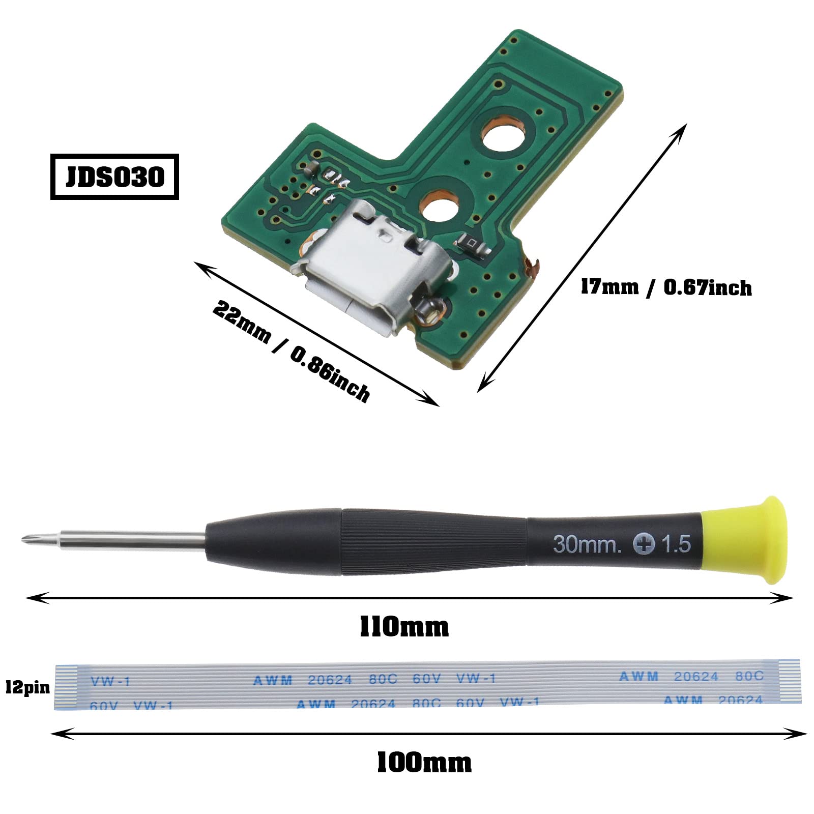 EMSea 2 Placas de Interfaz JDS-030 y Cable de Cinta de 12 Pines compatibles con PS4 Pro/Slim Wireless Controller Reemplazo de Puerto de Carga