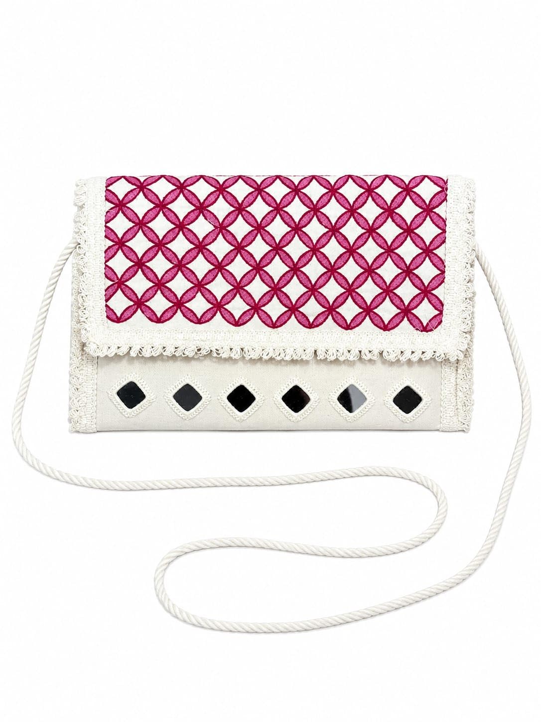 Handmade Hand Embroidered Clutch Purse, White with Pink Flowers, Crossbody Rope Strap, Boho Style-image-0