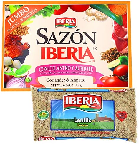 Sazon Iberia Jumbo Pack with Coriander and Achiote 6.34 Oz 36 Packs + Iberia Lentils 12 oz.