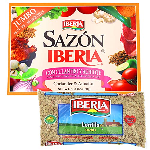 Sazon Iberia Jumbo Pack with Coriander and Achiote 6.34 Oz 36 Packs + Iberia Lentils 12 oz.