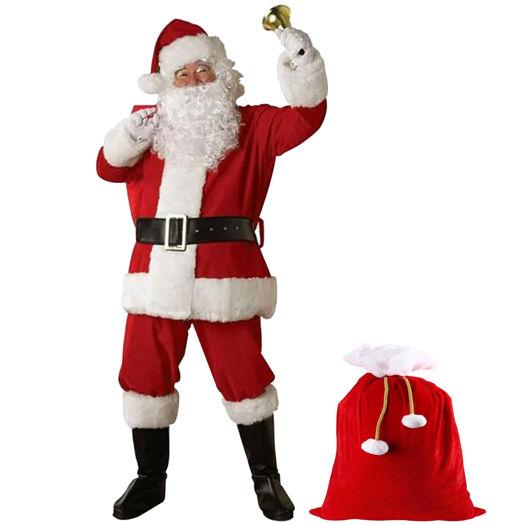 Costume de Père Noël 11 pièces/ensemble tenue de Père Noël pour hommes et femmes, costumes comprenant une veste, un pantalon, un chapeau, une perruque, des lunettes, des gants, cloches