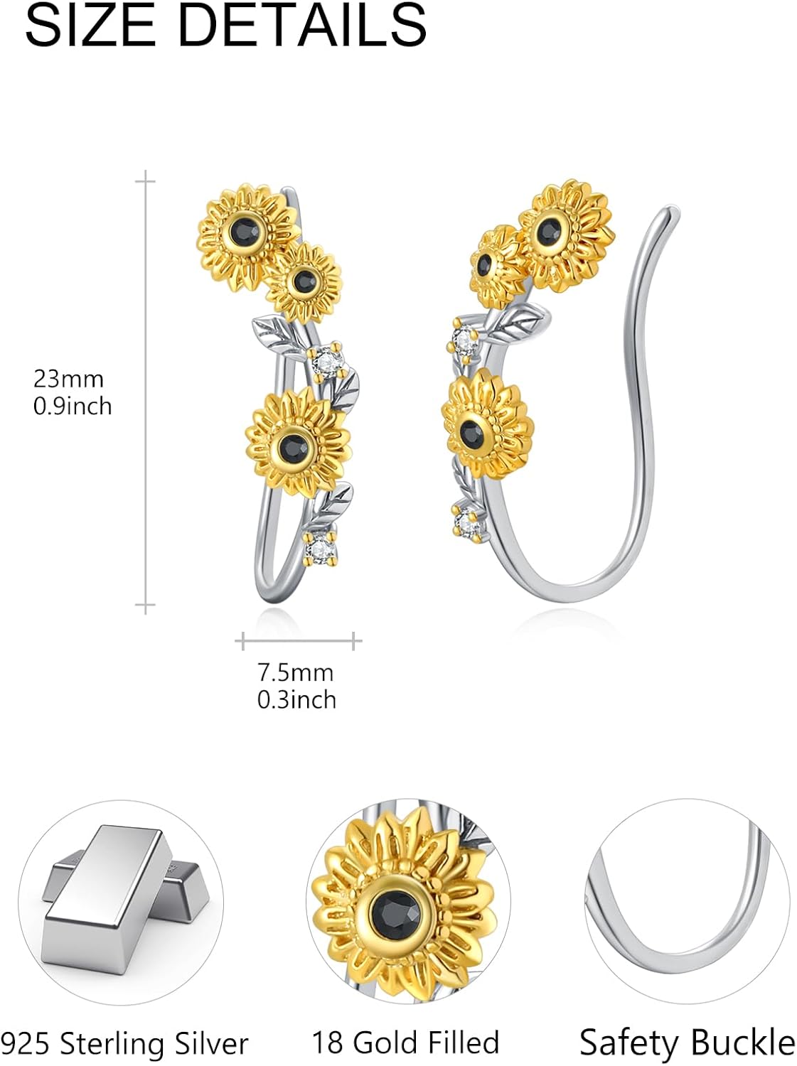 Daisy/Sunflower/Rose Ear Climbers Earrings Sterling Silver Flower Earrings for Women - Image 5