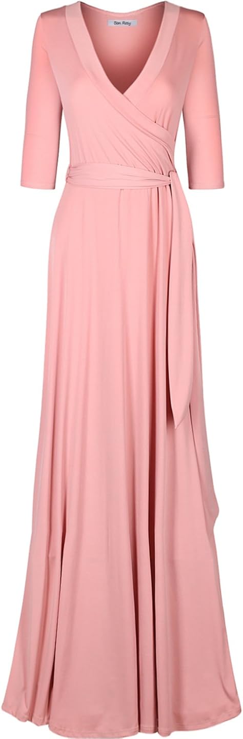 Bon Rosy maxi vestido ceñido de mangas 34 y escote en V liso para mujer