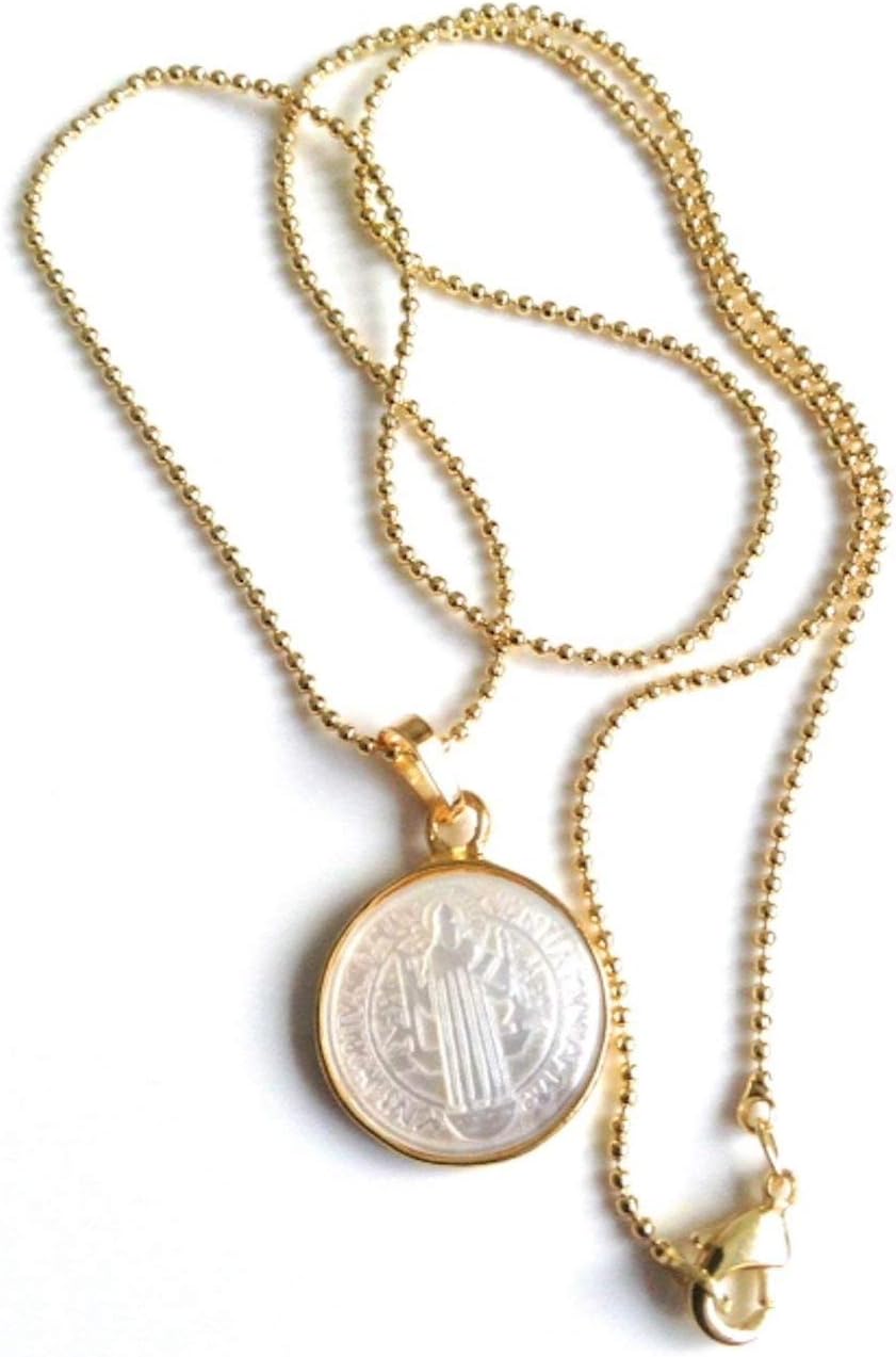 SIFRIMANIA Saint Benedict Mother of Pearl Medal Necklace Gold Plated Ball Chain Handmade