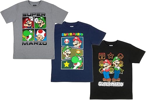 Nintendo Super Mario Boys T-Shirts 3-Pack, Super Mario Bros Characters 3-Pack of Tees for Boys Bundle Set
