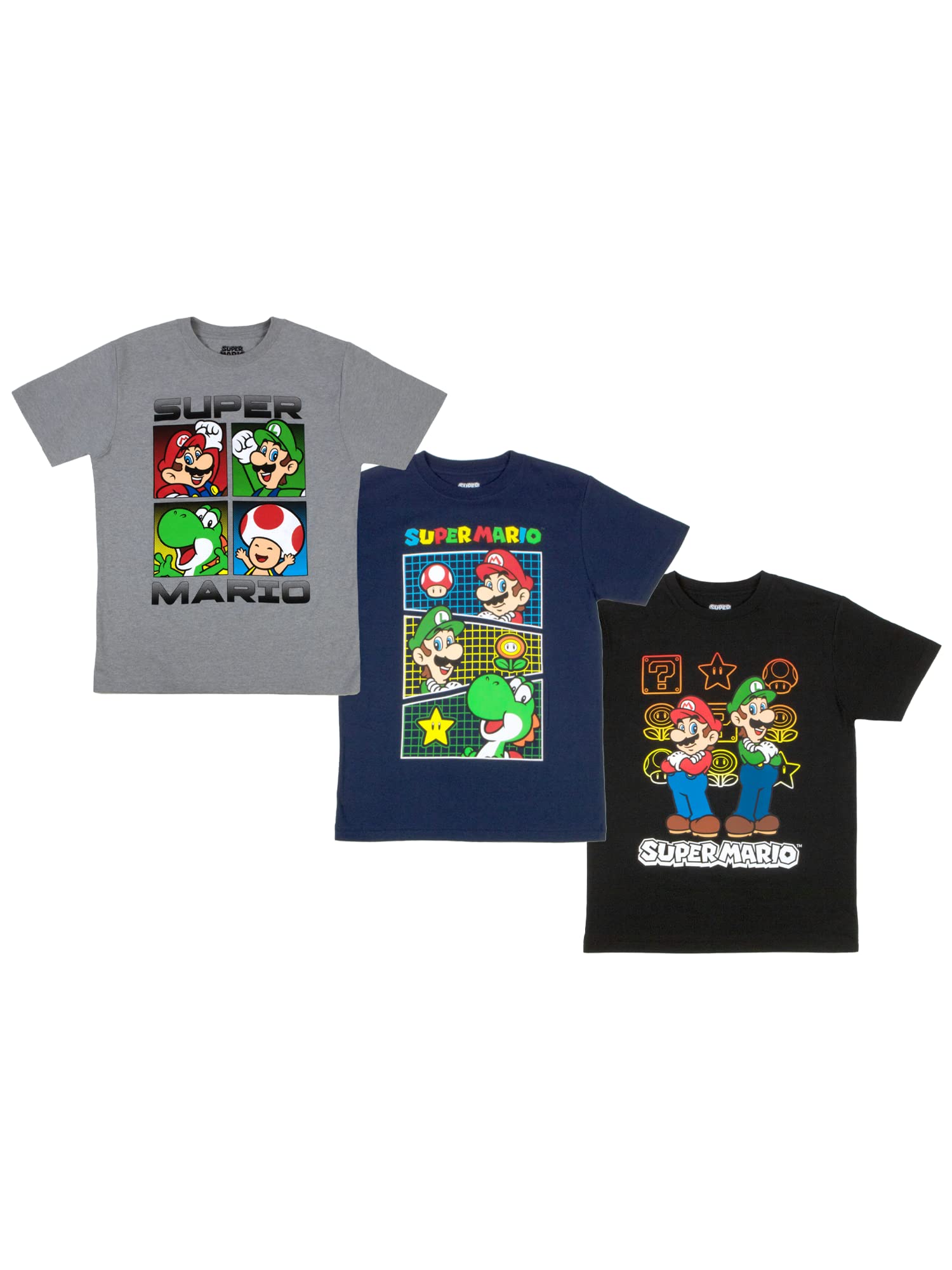 NintendoSuper Mario Boys T-Shirts 3-Pack, Super Mario Bros Characters 3-Pack of Tees for Boys Bundle Set