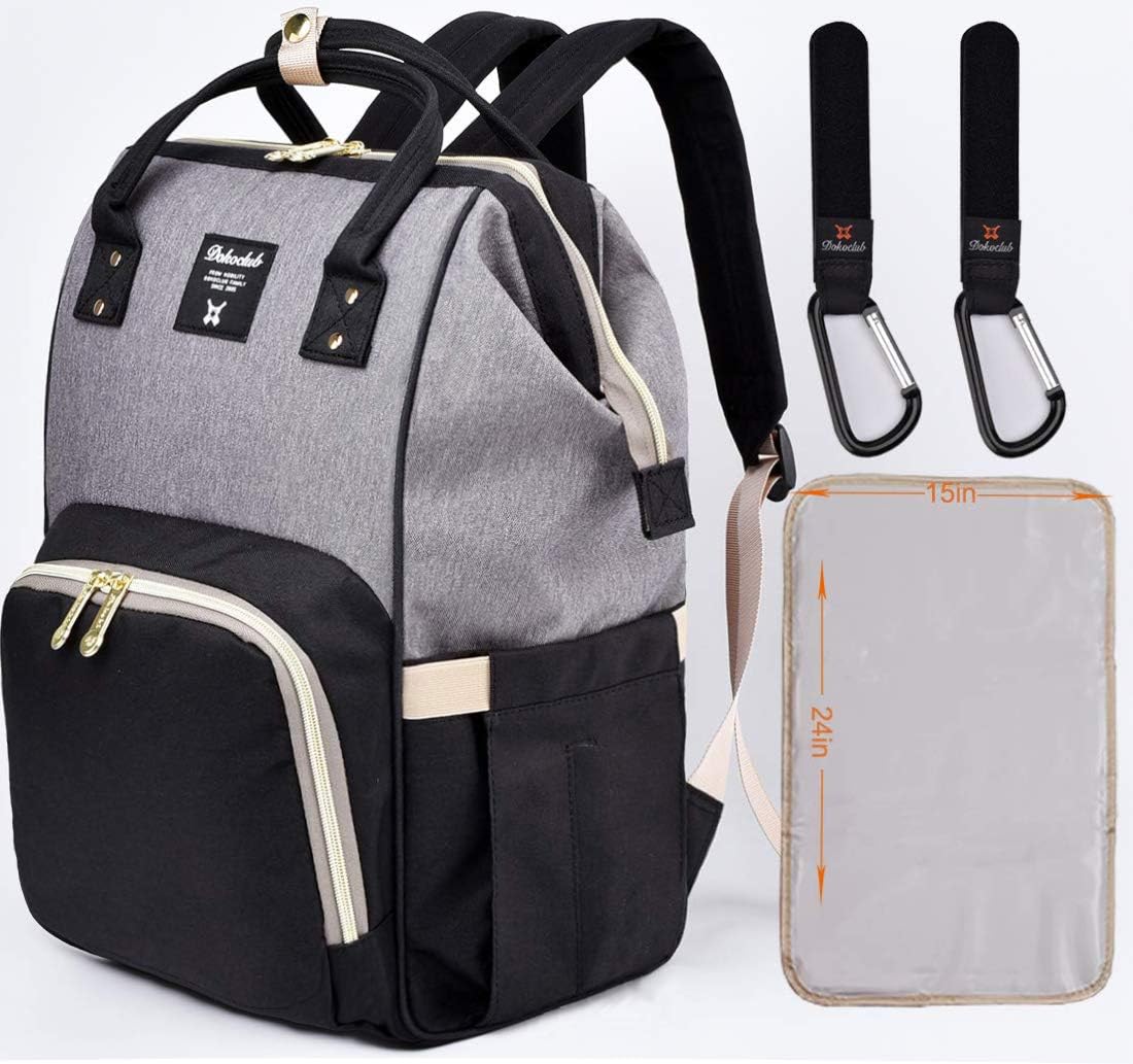 Diaper Bag Backpack Nappy Changing baby Bag for baby care, Pad and hook, Black&gray, Large