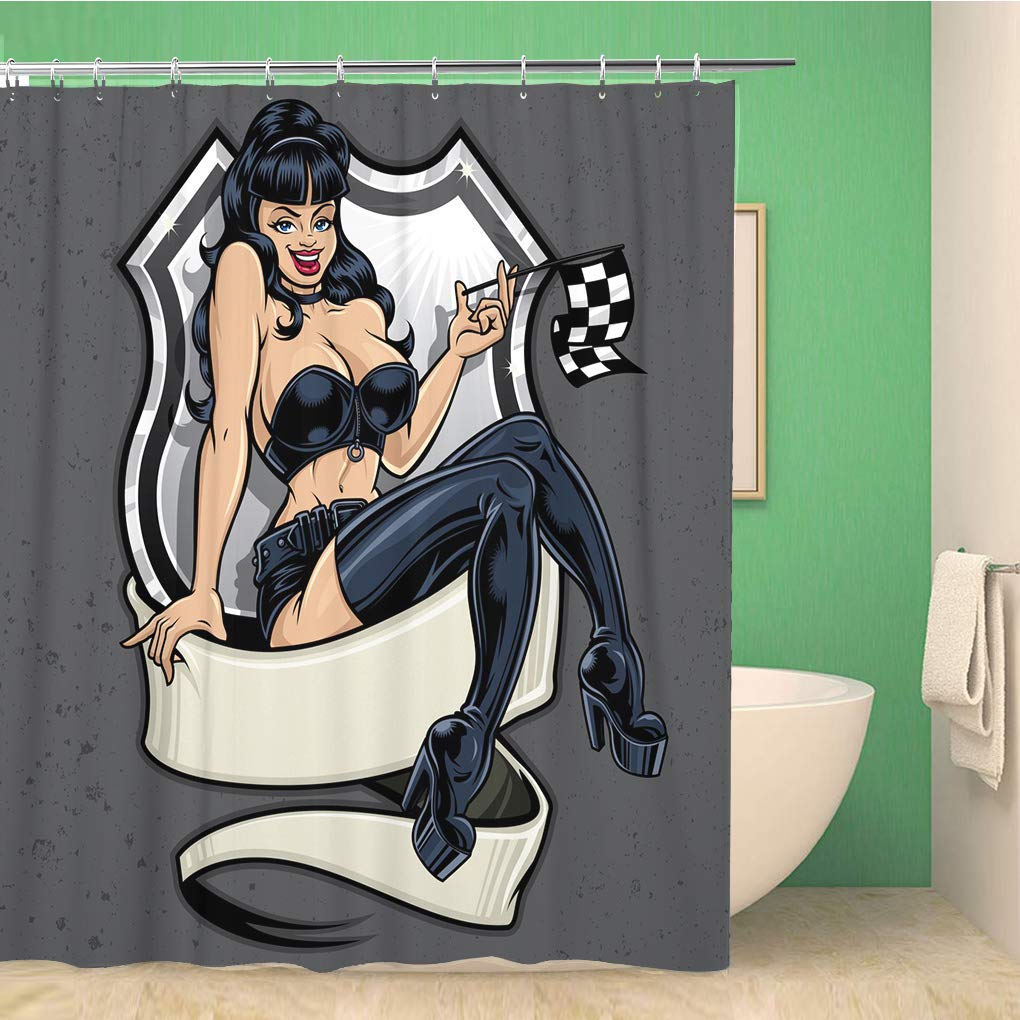 Awowee Girls Color 20 Decor Shower Curtain Racer Pin Up Racing Of Sexy Sitting Atop 180X180cm Polyester Fabric Waterproof Bath Curtains Set With Hooks For Bathroom