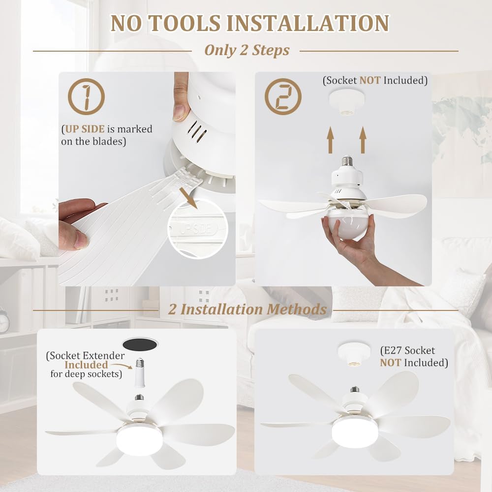Breeze Socket Fan Light with Remote,Portable Small Ceiling Fans with Lights Bulb for Bedroom,Kitchen,Living Room,20"Screw in Ceiling Fan in Light Socket for E26 Base 40W/3000K-6000K Dimmable - Image 5