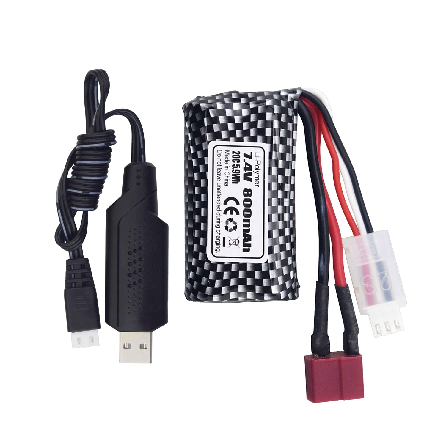 PUOO 1PCS 7.4V 800mAh T-Plug Lithium Battery with USB Charging Cable for YC100 HM161 HM162 HM166 HM201 9145 RC Toy Car RC 4WD High Speed Off-Road RC