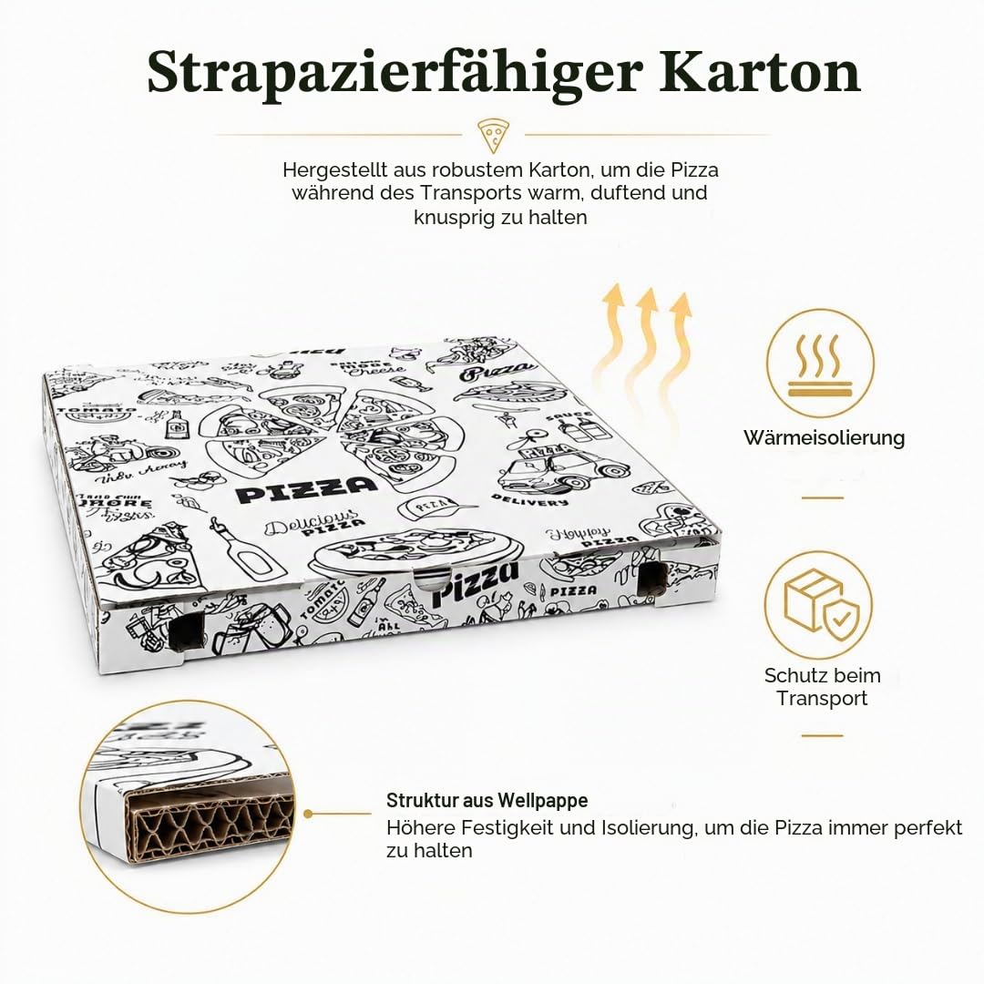 TOMMI Pappschachteln für Pizza, 33 x 33 x 3 cm, Packung mit 100 Stück, aus stabilem Karton