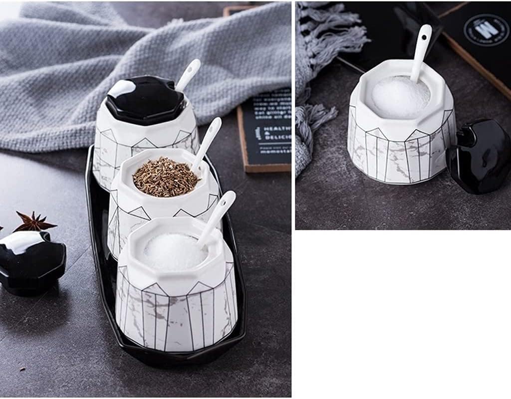 Condiment Can Ceramic Seasoning Pot Set Spice Container with Ceramic Spoon with Lid and Tray 380ml Sugar Bowl Seasoning Pot Spice Jar Storage Bottle Set (Color : 1)