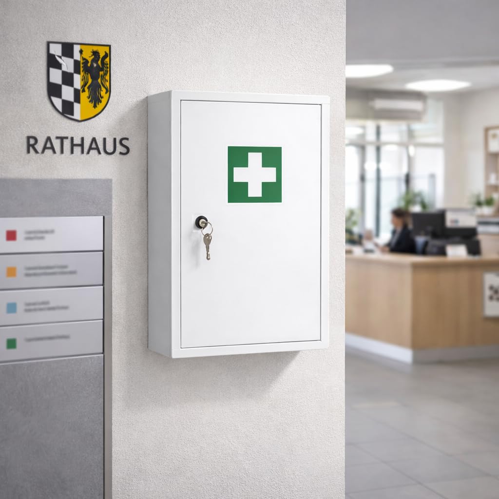First Aid Products Verbandschrank B - leer - Medizinschrank Metall, 3 Ablageflächen kompakt mit Sicherheitsschloss – Weiß – wandmontierbar, robust & platzsparend – 46 x 30 x 14 cm