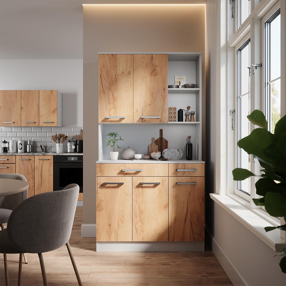 Vicco Küchenbuffet Raul, Weiß/Goldkraft Eiche, 100.1 x 188.5 cm | mit 5 Türen & 2 Schubladen, mit offener Geräteablage und erweiterbarem Stauraum