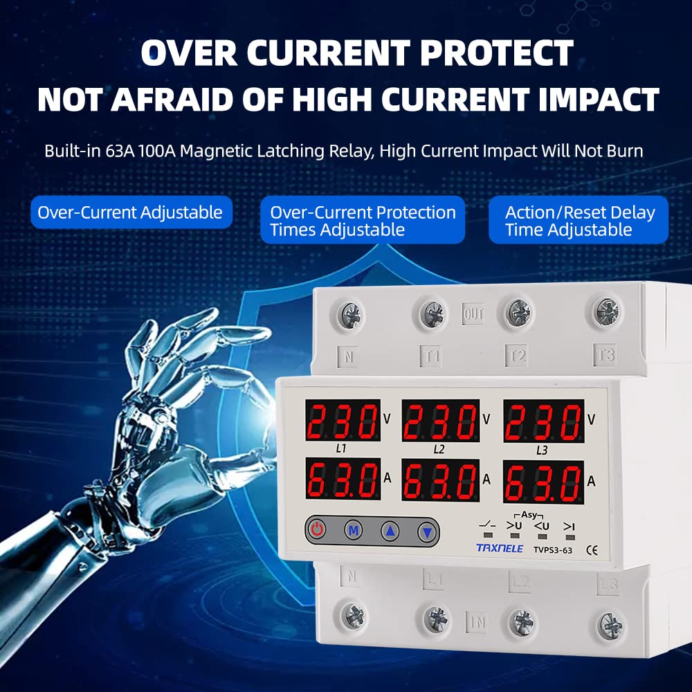 Interruttore Magnetotermico Protezione relè di corrente trifase 100A 63A 60A 220V 3P Limitatore di corrente relè sovratensione regolabile Protezione regolabile Interruttori Automatici(100A without N 3