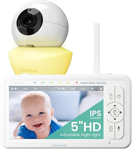 Babysense Monitor de bebé de video HD de 5 pulgadas con cámara y audio, sin WiFi/aplicación, bucle cerrado seguro, visión nocturna, zoom panorámico,