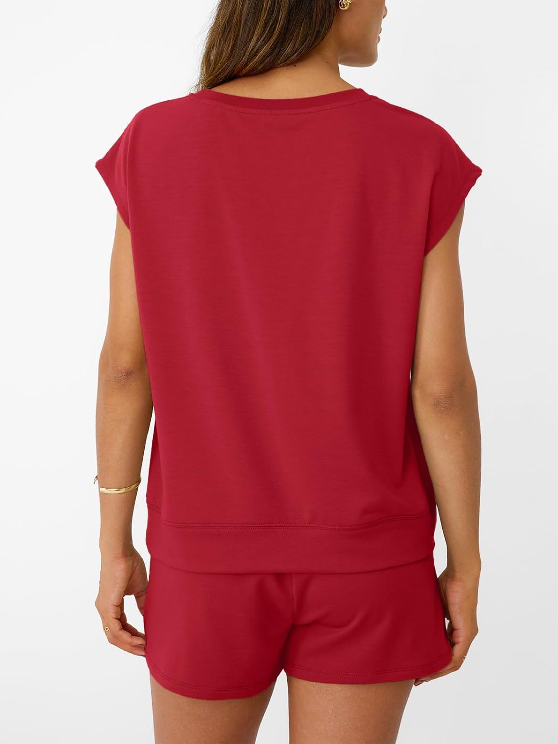 AUTOMET Womens Crew Neck Two Piece Short Sets Cap Sleeve Drawstring Summer Sweatsuit with Pocket - Image 4