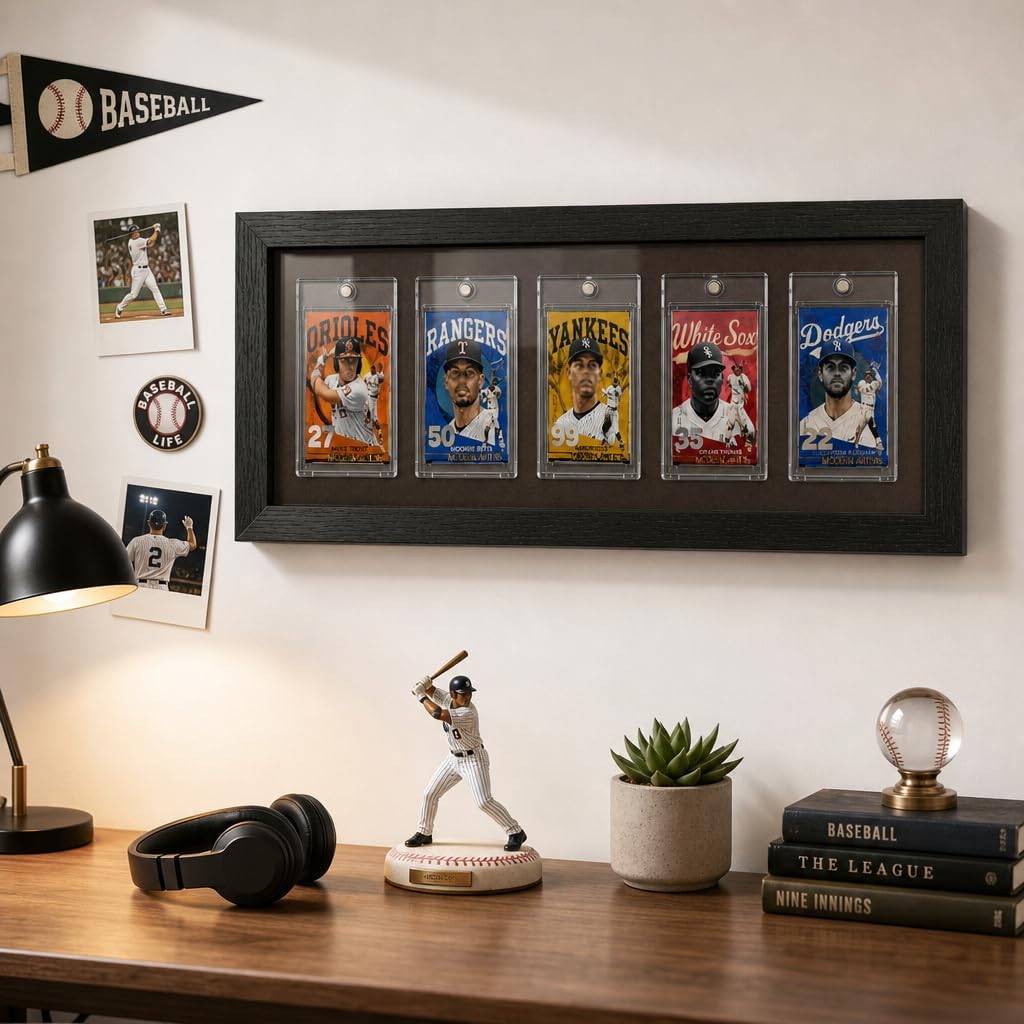 5-Slot Trading Card Display Case Graded Card Frame 2Pack | Premium Wood, Magnetic Holders, UV-Protective Acrylic, Wall Mount,Sports Card Display Case,padded EVA interior shield