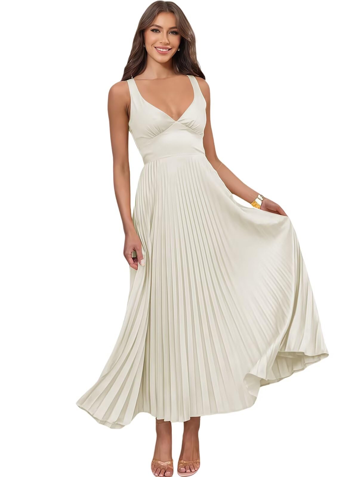 Velvysse Satin Bridesmaid Dresses Long V Neck Backless Pleated Formal Dress for Women