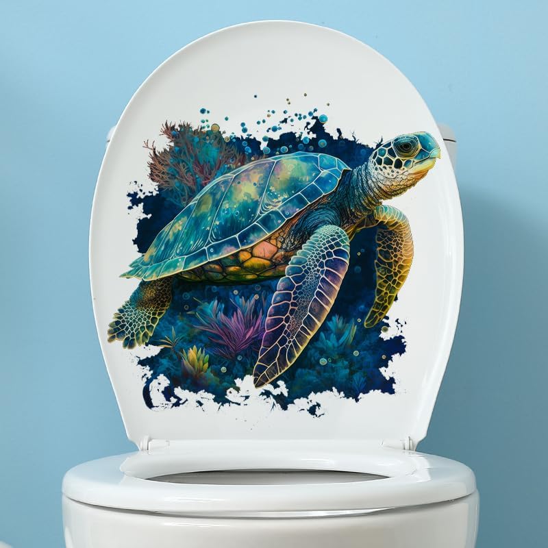 Colorful Turtle Toilet Cover Sticker Decals,Fish Bird Flower Leaf Waterproof Toilet Lid Tank Seat Decals Cistern Self-Adhesive Bathroom Wall Sticker, White
