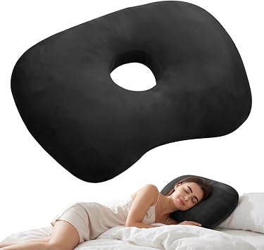 Ear Piercing Pillow, Ear Pillow with Hole, Lercing Pillow for Side Sleepers with Hidden Zipper, Piercing Aftercare, Relieves Ear Pain, Ear Pressure,Suitable for Human Cervical Spine Curve Black