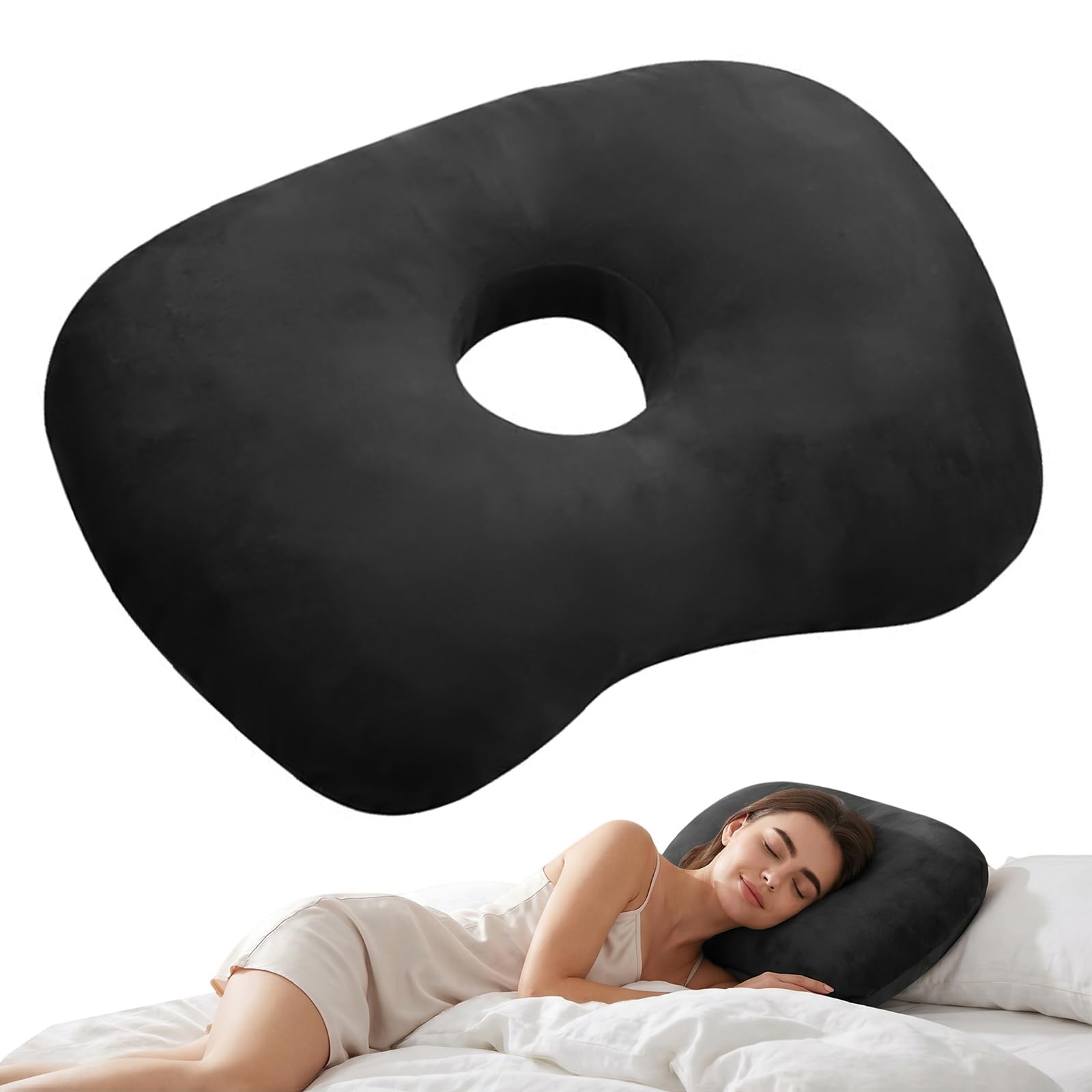 Ear Piercing Pillow, Ear Pillow with Hole, Lercing Pillow for Side Sleepers with Hidden Zipper, Piercing Aftercare, Relieves Ear Pain, Ear Pressure,Suitable for Human Cervical Spine Curve（Black）