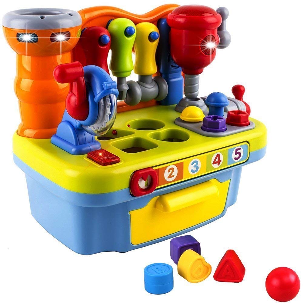 Yiosion Musical Learning Tool Workbench Toys for 1 Year Old Boy, One Year Old Boy Gifts, Toddler Tool Bench with Shape Sorter