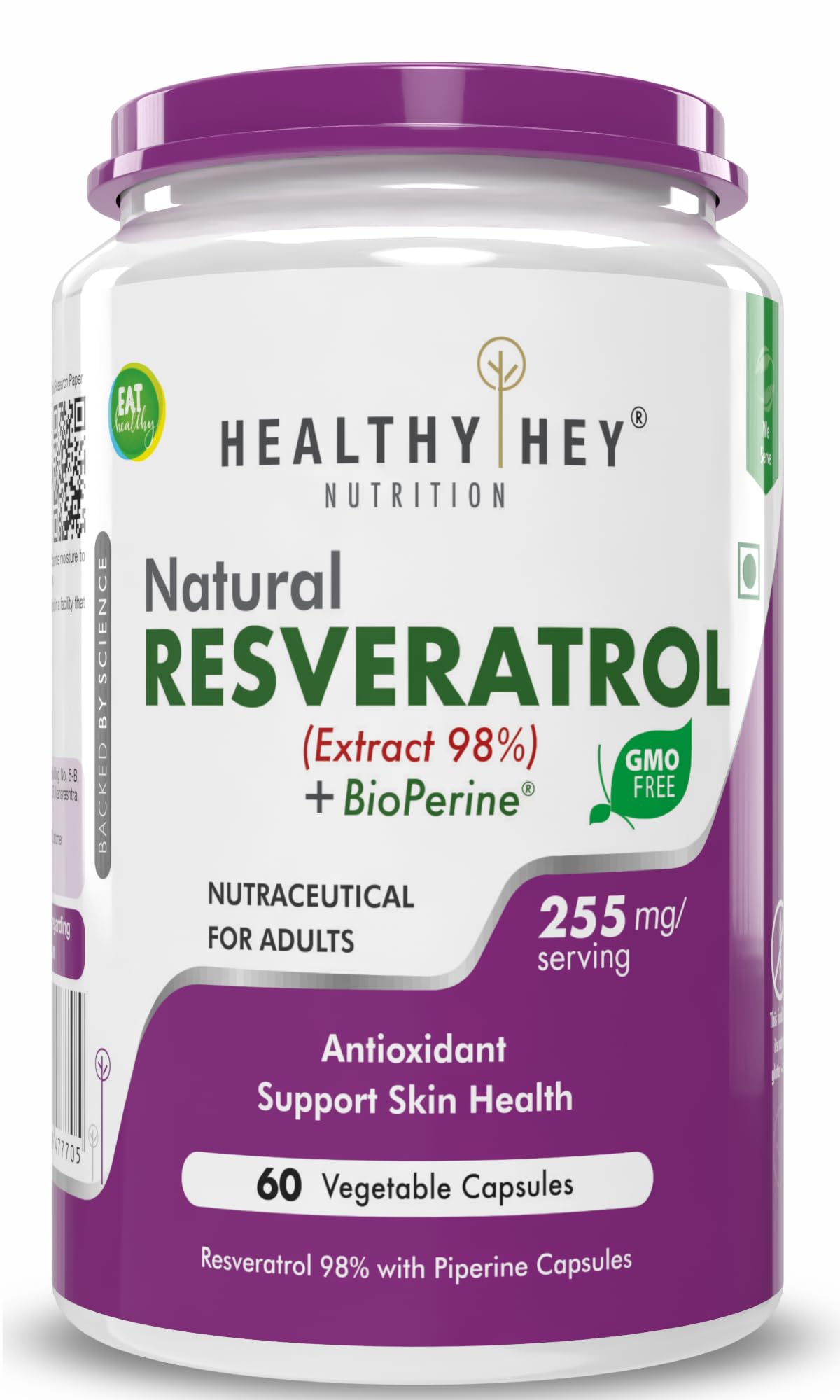HealthyHey Nutrition Resveratrol Extract 98% Plus BioPerine for Absorption - 255mg - 60 Vegetable Capsules (Pack of 1) (B07H4QDGXY) Amazon Price History, Amazon Price Tracker