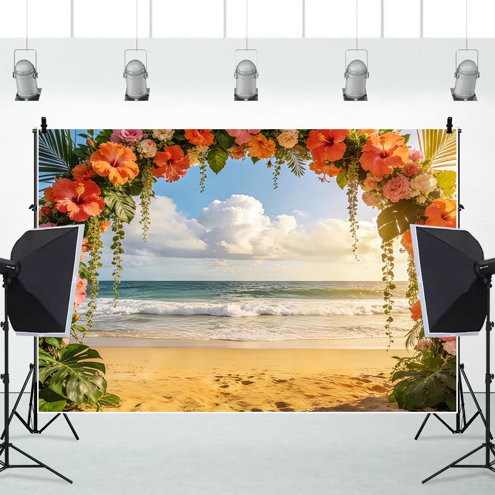 3 x 2,5 m tropikalny hibiskus, łuk kwiatowy, plażowy, styl ślubny, z pomarańczowymi różowymi kwiatami nad falami morskimi, tło do hawajskiej fotografii letniej