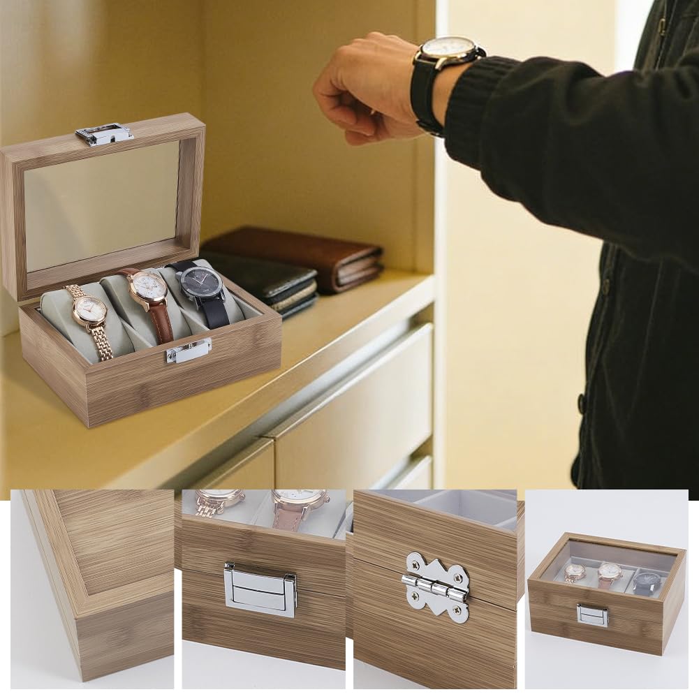 Scatola per Orologi, espositore in Legno a 3 Scomparti con Finestra in Vetro Trasparente e Cuscino in Velluto, Organizer per Orologi e Gioielli per Uomo e Donna, Regalo di Natale e comple