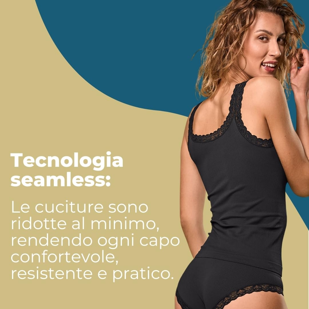 FOCENZA Canotta Donna in Microfibra con Pizzo | 3 Pezzi | Vari Colori | Abbigliamento Intimo Donna | Senza Cuciture | Made in Italy