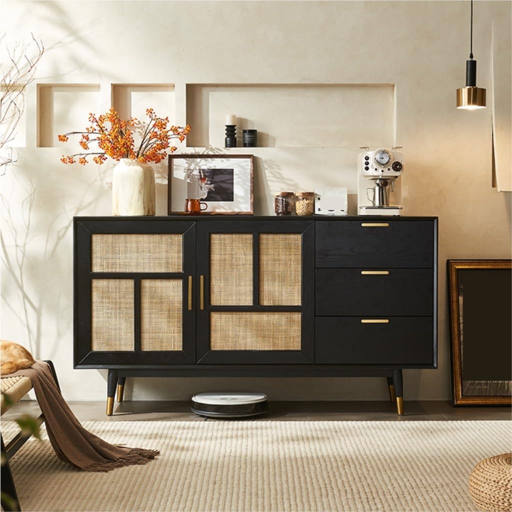 Küchenvorratsschrank Aufbewahrungsschrank aus massivem Rattan, Sideboard mit Schubladen, schwarzer Kaffeebarschrank, geeignet for Esszimmer, Küche, Eingangsbereich Buffetschrank Mit Stauraum
