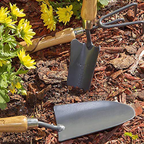 OCALIVING Garden Tool Set- Gardening Tools -Planting Trowel, Fork, Weeder, Transplanter, Rake & 6 Pocket Storage Bag -Heavy Duty Gardening Kit- Gardening Gift Women Men -Wood Handle Tools