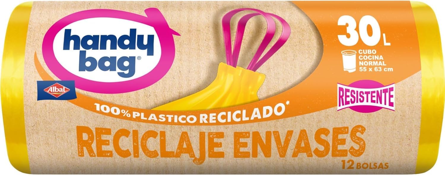 Handy Bag Bolsas de basura Reciclaje Envases - Bolsas para cubo de basura de cocina, resistentes y antigoteo, con cinta autocierre y triple capa, 100% plástico reciclado, 30L, 12 bolsas