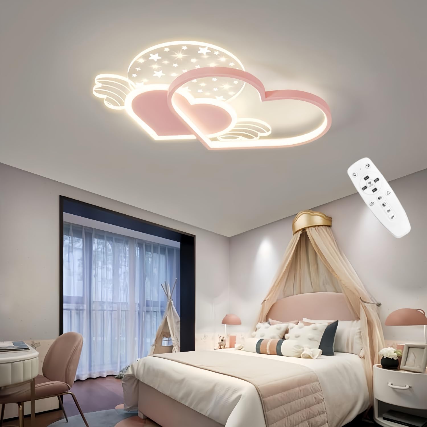 Plafonnier LED pour chambre d'enfant 38 W avec télécommande intensité variable bleu et rose