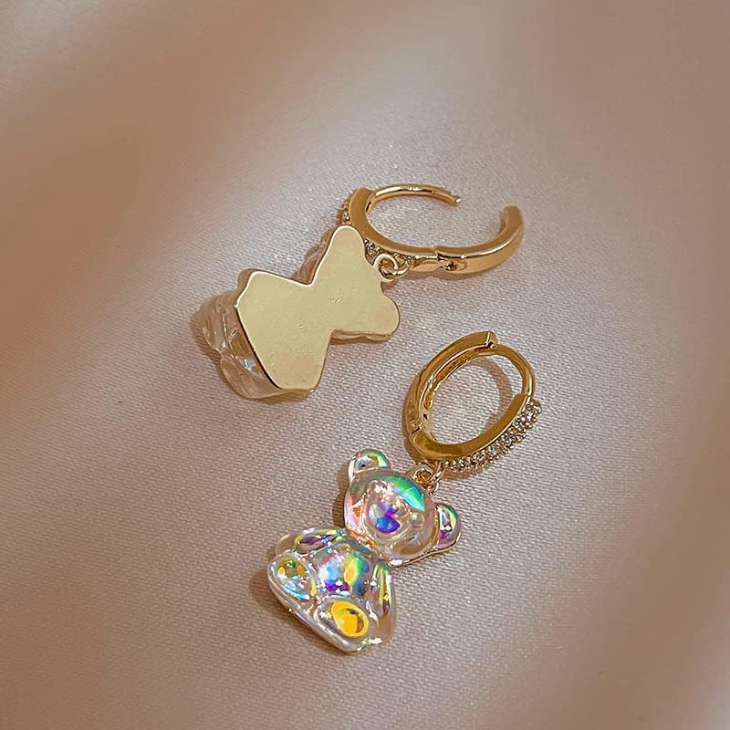 Iridescent Crystal Bear Drop Earrings, Gold-Plated Huggie Hoops with Rhinestones, Rainbow Effect - Image 4