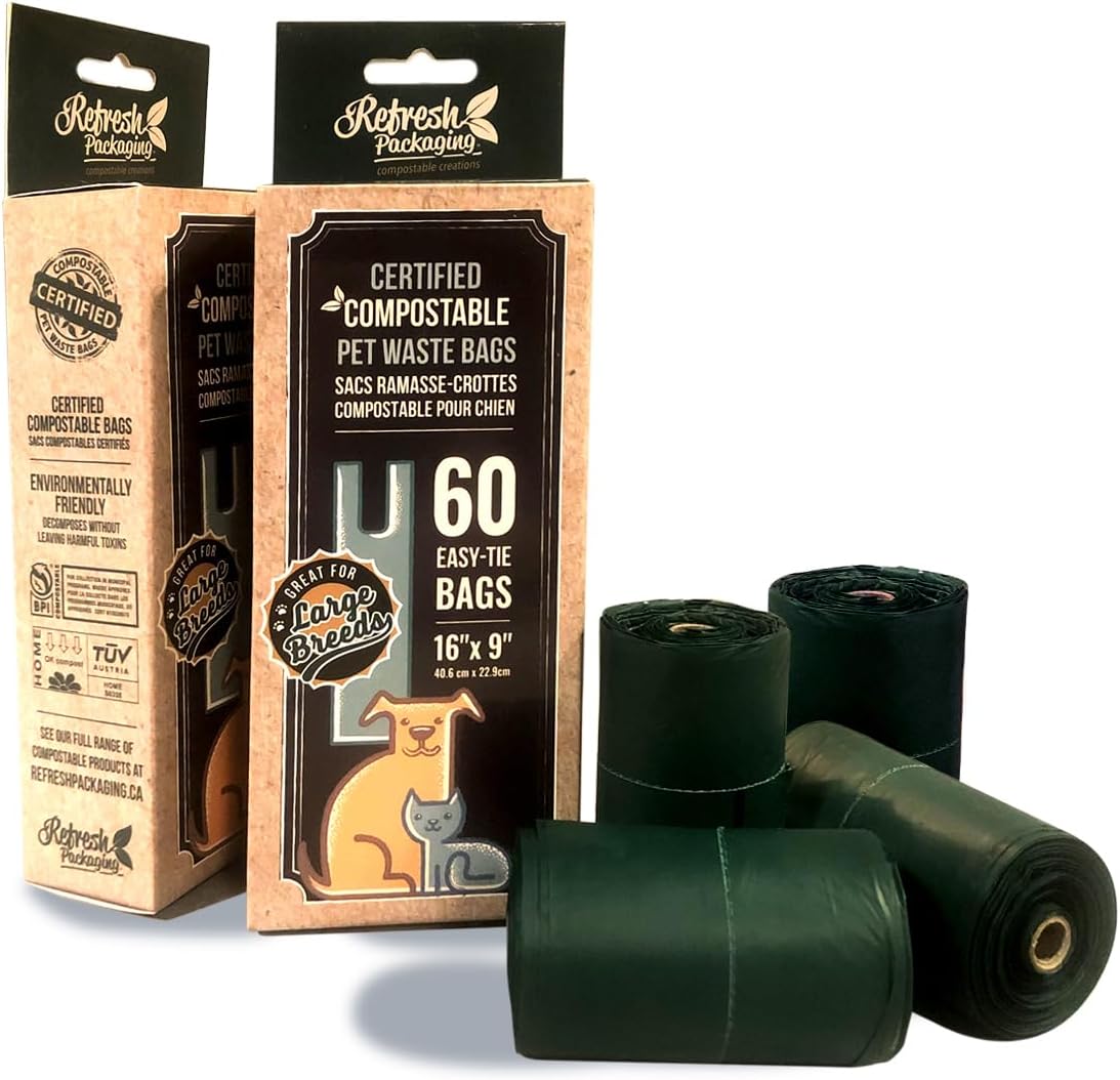 Refresh Packaging Pet Waste Bags - 100% Certified Compostable With Handles for Easy -60 Bags Per Box.