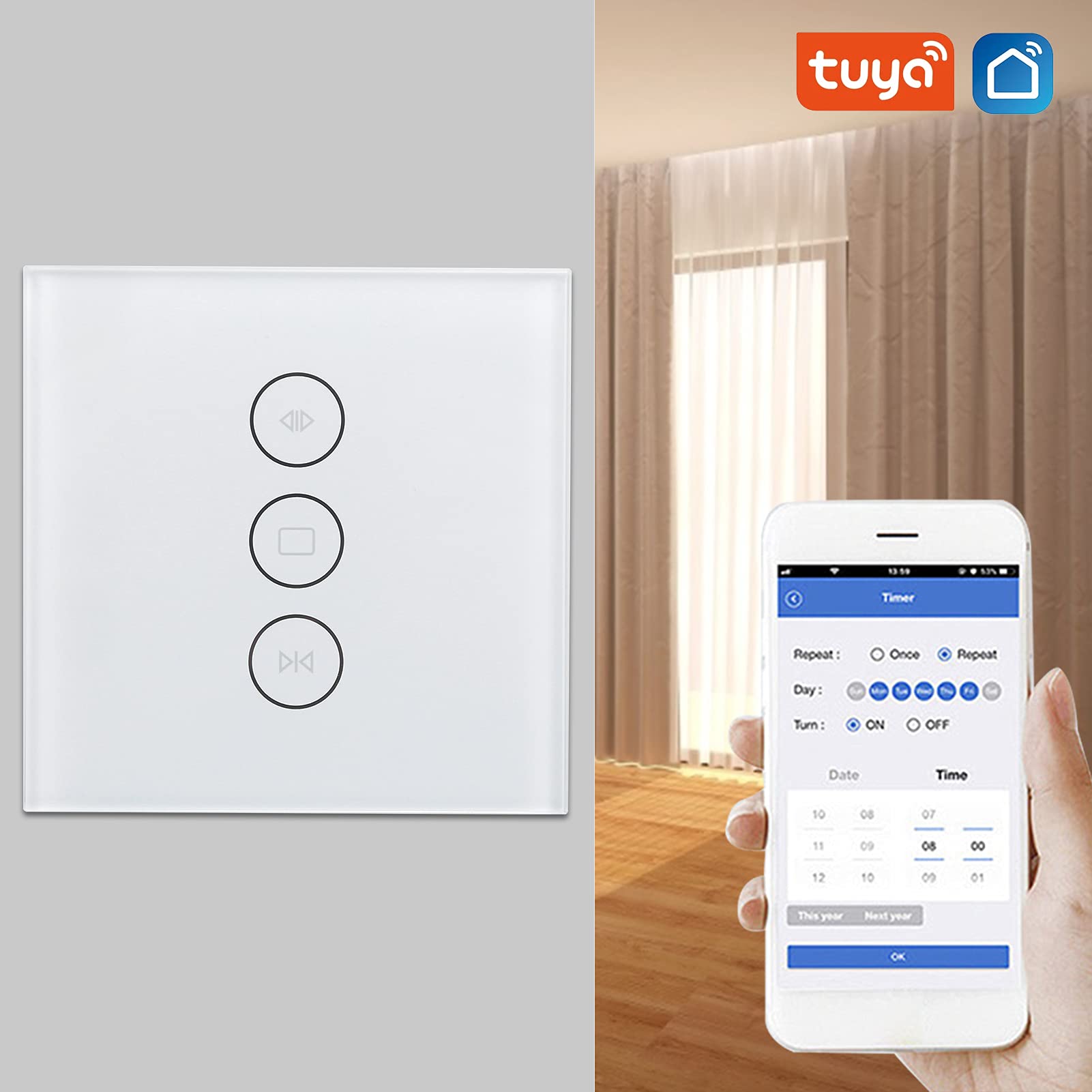 Interrupteur Intelligent pour Rideau, Commutateur d'écran Tactile WiFi en Verre Trempé, Compatible avec Home, IFTTT, Tuya, Commande Vocale APP(blanche)