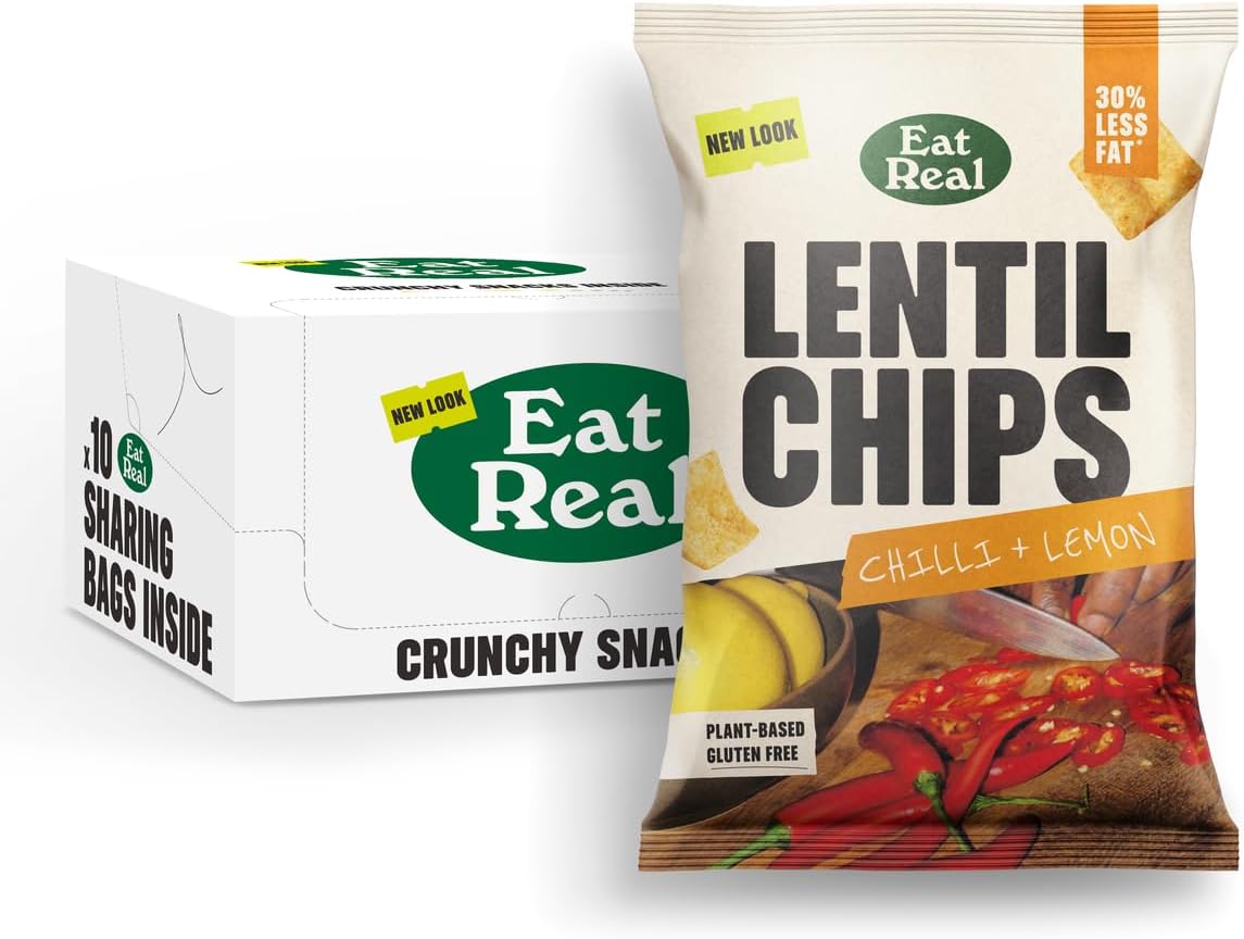Lentil Crisps, Chilli & Lemon, 10 X 95g, Gluten-Free Crisps Multipack, Vegan-Friendly, Healthy Snacks, 30% Less Fat, Chip Snacks