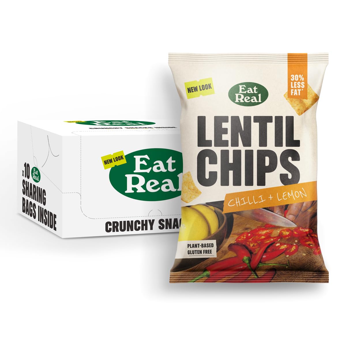 Eat RealLentil Chips, Chilli & Lemon, 10 X 95g, Gluten-Free Crisps Multipack, Vegan-Friendly, Healthy Snacks, 30% Less Fat