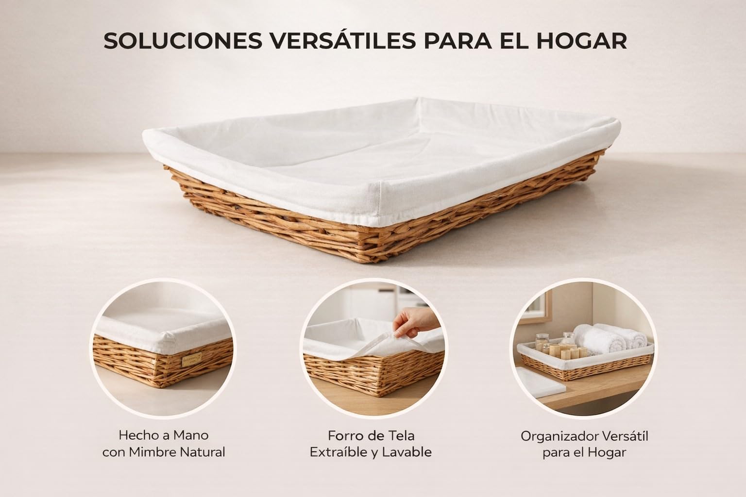 HERSIG - Cesta de Mimbre para Ropa Planchada con Forro Protector - Bandeja Rectangular 60x40 cm para Colada Limpia y Organización de Armario sin Asas - Miel